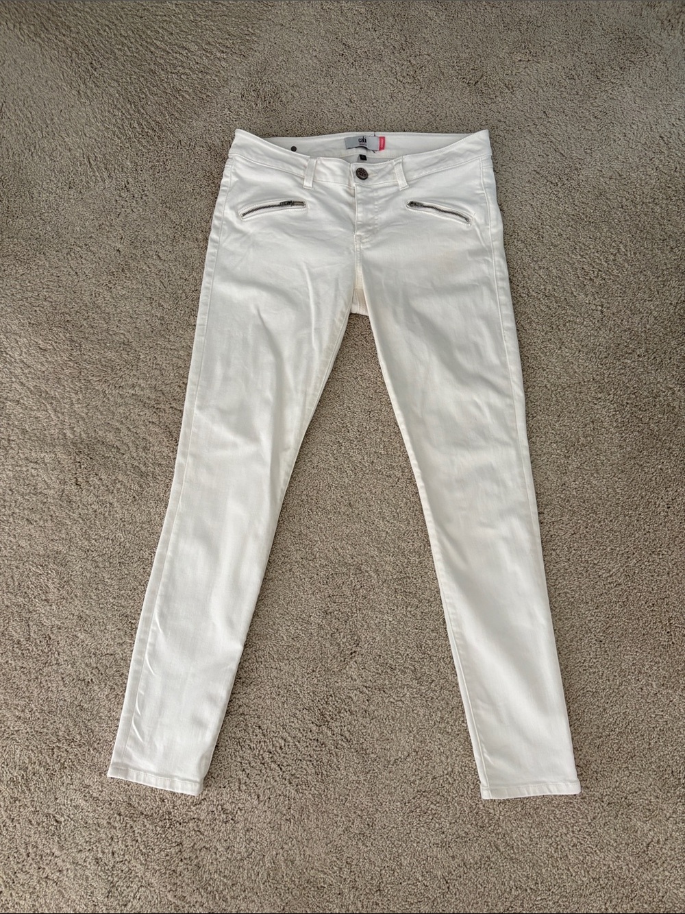 CAbi White Skinny Pants with Front Zip Pocket Accents